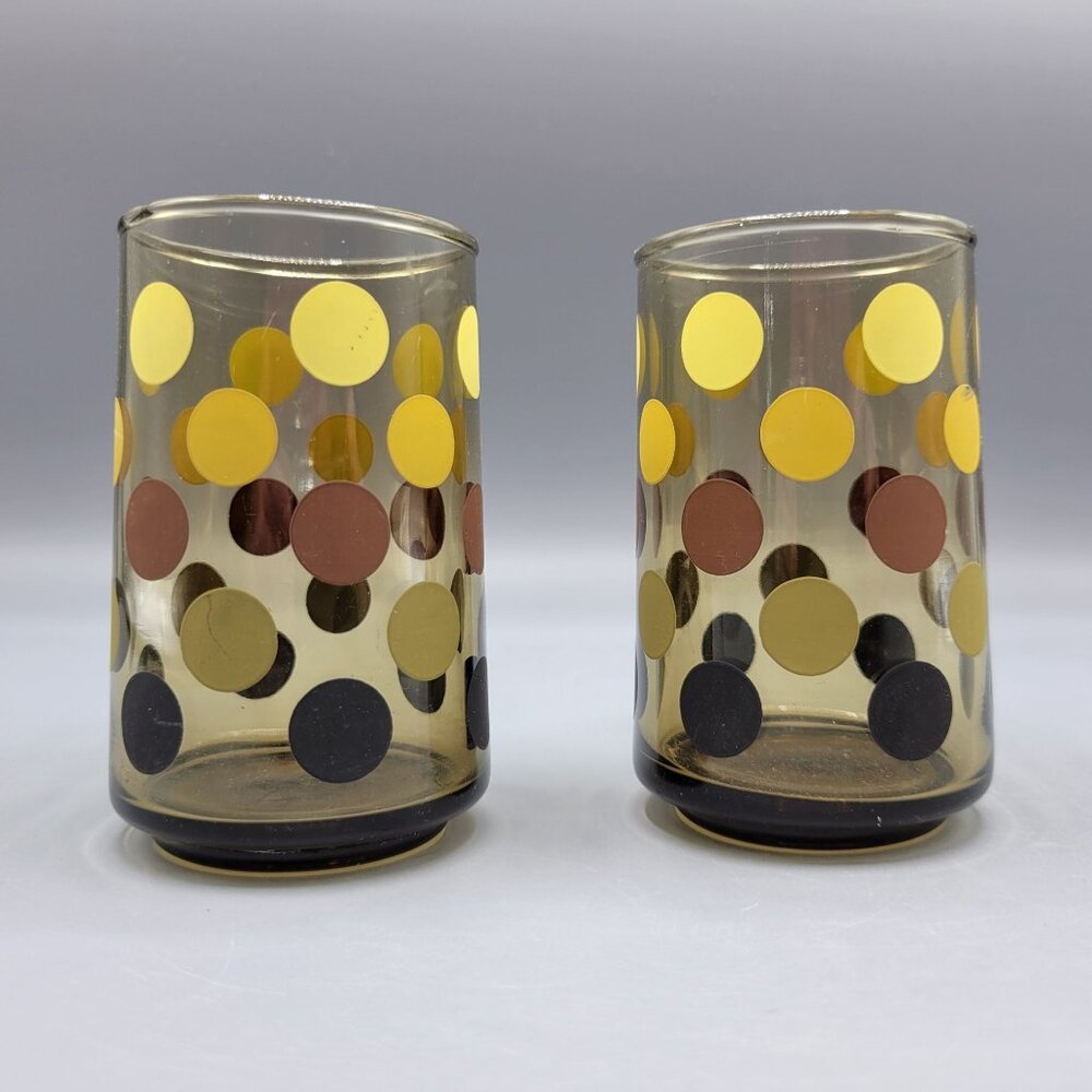 2 Polka Dot Juice Glasses Amber Yellow Brown Black Dots Retro Barware Libbys